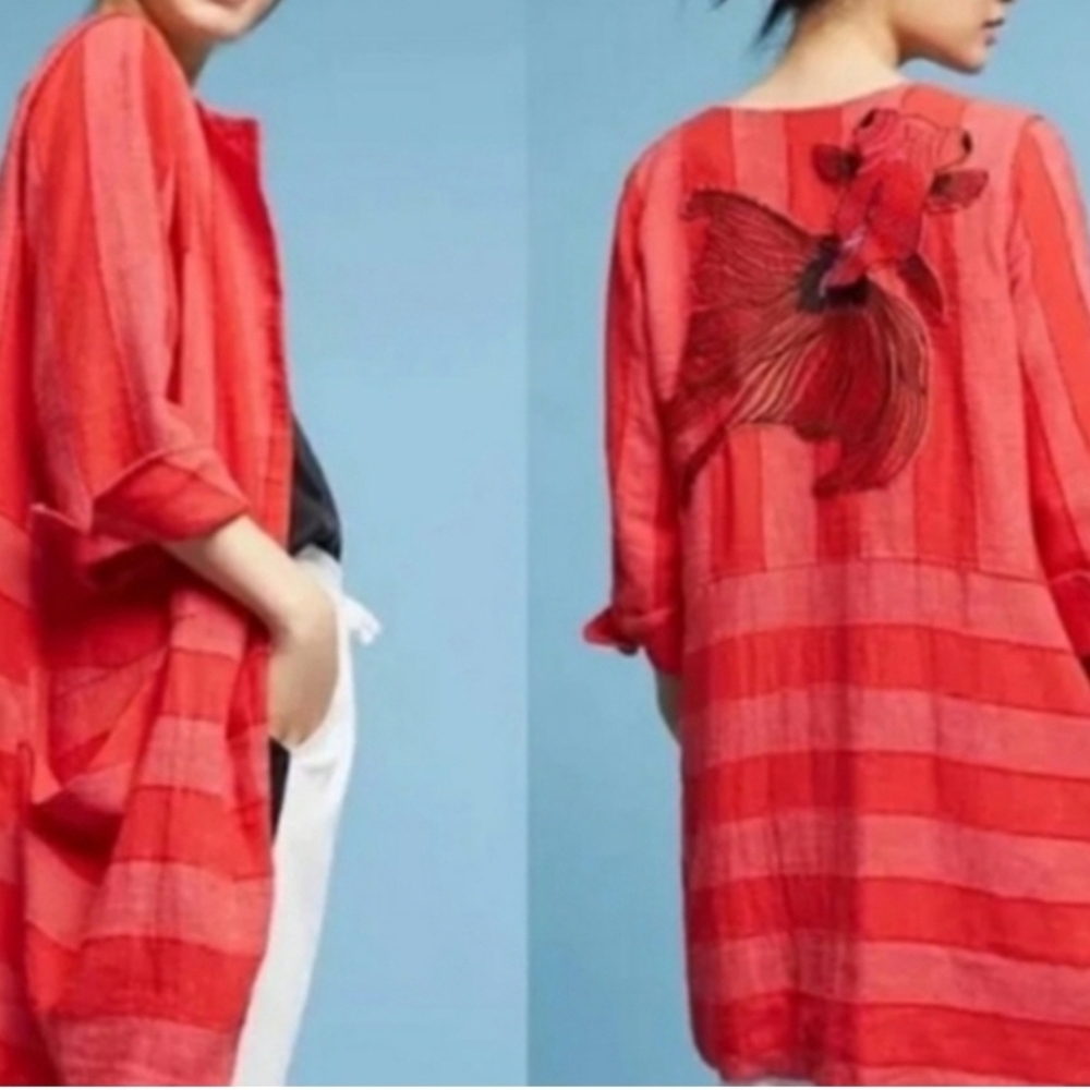 NWT Anthropologie Eva Franco Linen Striped Red Goldfish Festival Jacket Boho